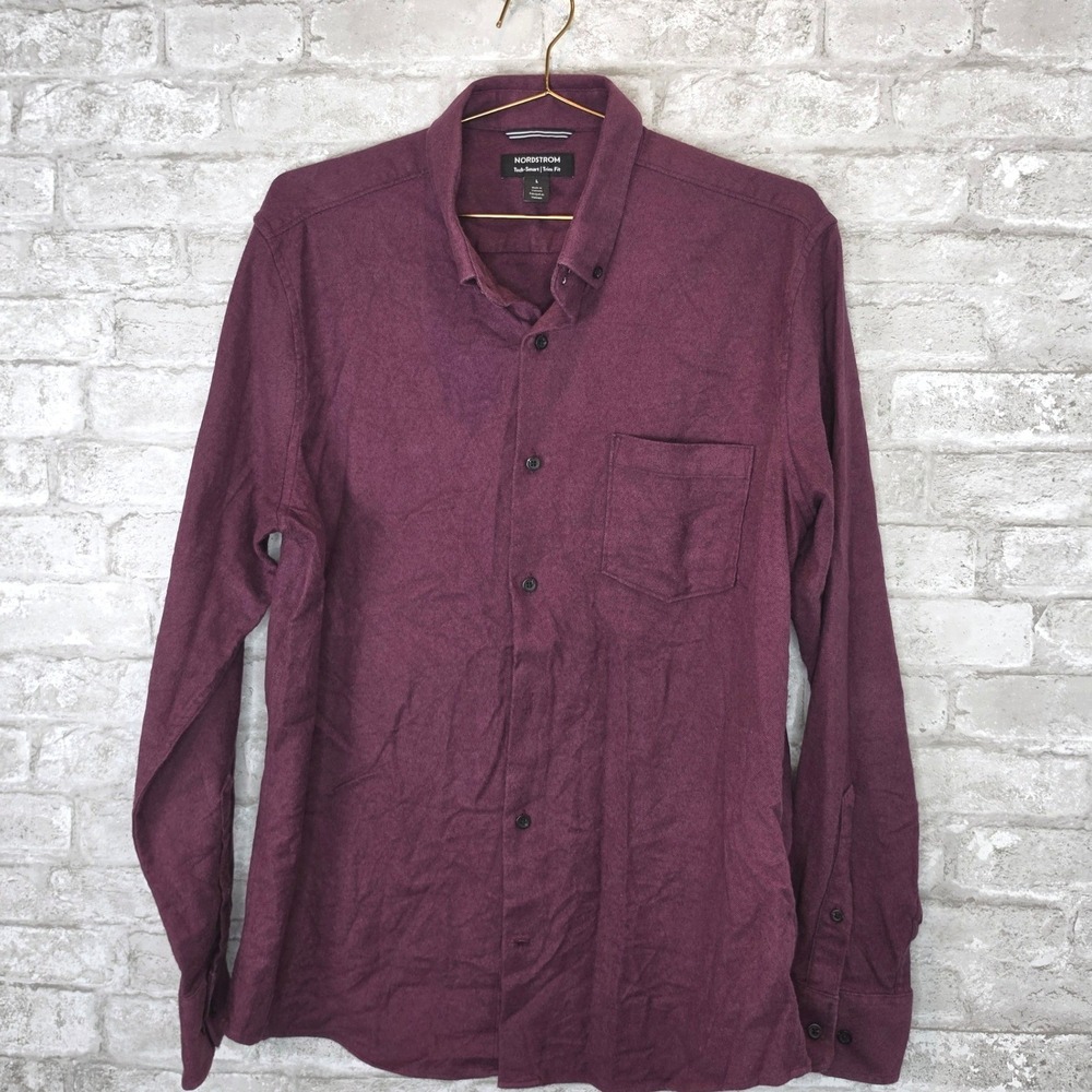 Nordstrom Tech-Smart Trim Fit Button Down Shirt Burgundy Casual Modern Size L